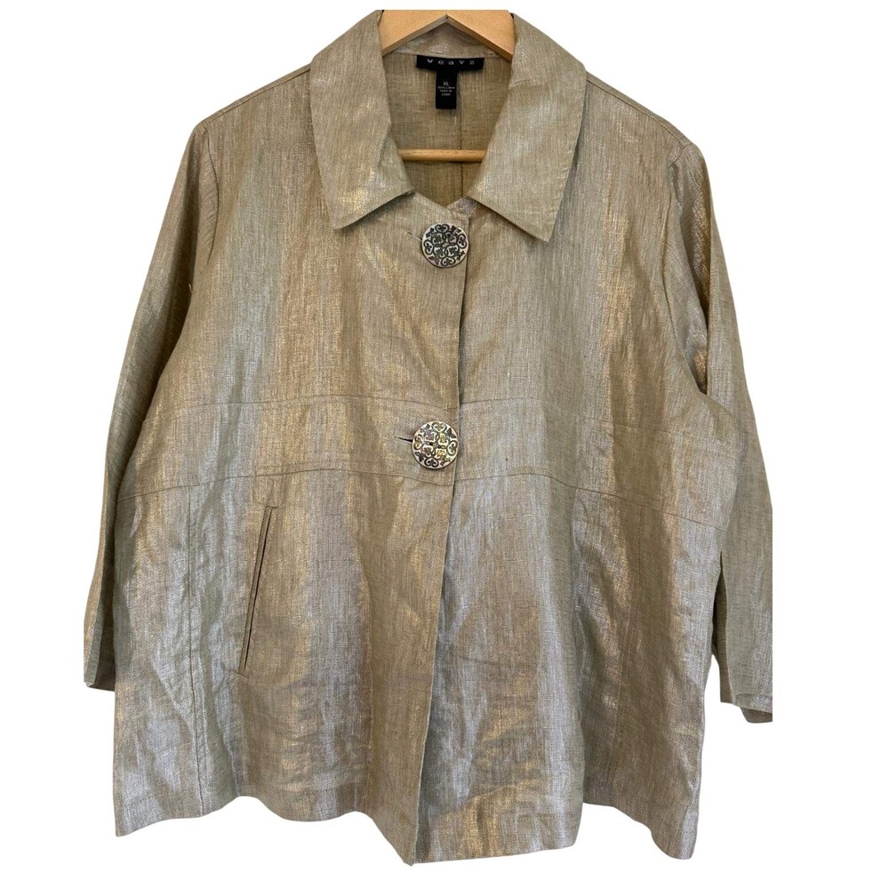 Weavz XL 100% Linen Metallic Gold Shimmer Jacket Blazer‎ Ornate Buttons Pockets